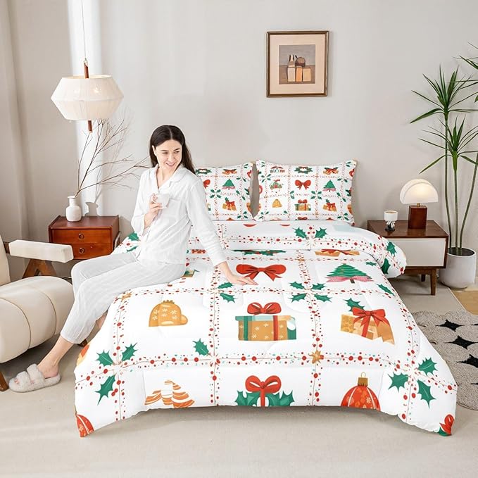 Feelyou Christmas Decor Kids Comforter Set King Size Red Bowknot Bedding Set New Year Gift Duvet Quilt for Kids Boys Girls Bedroom Happy New Year Decor Microfiber Ultra Soft Breathable