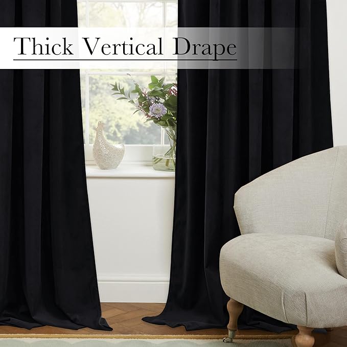 StangH Black Curtains 92 inches Long Super Soft Velvet Room Darkening Thermal Insulated Window Drapes Back Tab Luxury Decor for Theater Bedroom Living Room, W52 x L92, 2 Panels