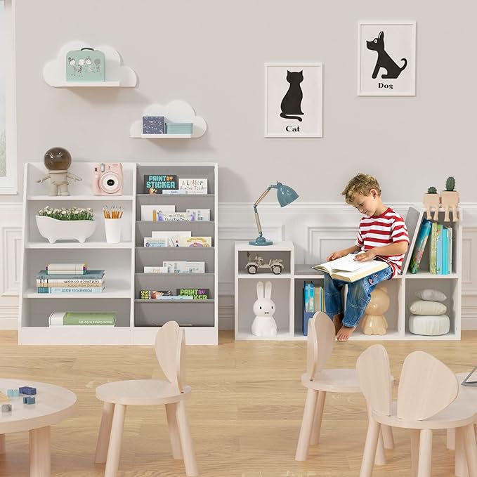 4 Tier Kids Wooden Bookshelf, 5 Layer Sling Toddler Bookcase,Baby Storage Book Rack,Book and Toy Organizer Cabinet,Children Book Display,Playroom Nursery Classroom Kid Room