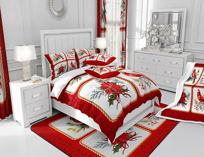 Castle Fairy Christmas Comforter Set King Size,Xmas Cardinals Floral Bells Checkered Bedding Set All Season Quilt Set,Cute Bird Watercolor Red Geometric Microfiber Polyester Down Comforter