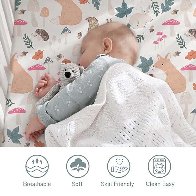 Little Grape Land Crib Sheets for Boys and Girls, Soft Microfiber Fitted Baby Crib Sheet Set for Standard Crib and Toddler Mattress, Snug & Durable (Woodland Animals)