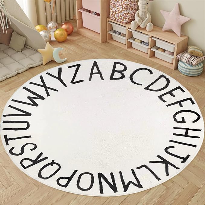Round Alphabet Rug,2.6ft ABC Rugs for Kids Playroom,Boho Classroom Rug for Living Room, Bedroom, Machine Washable Soft Non Slip Non Shedding-White