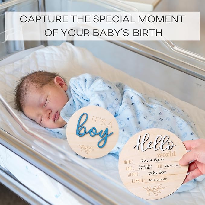 Gender Reveal Sign for Baby Birth: 3Pcs It's A Boy Girl & Hello World Announcement Sign for Hospital - Wooden Newborn Welcome Board for New Boys and Girls