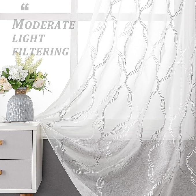 VISIONTEX Sheer Curtains 63 Inches Long 2 Panels Set, Grey and Ivory Moroccan Embroidery Texture Geometric Rod Pocket White Voile Tulle Semi Window Treatment Pair for Bedroom, W54 x L63