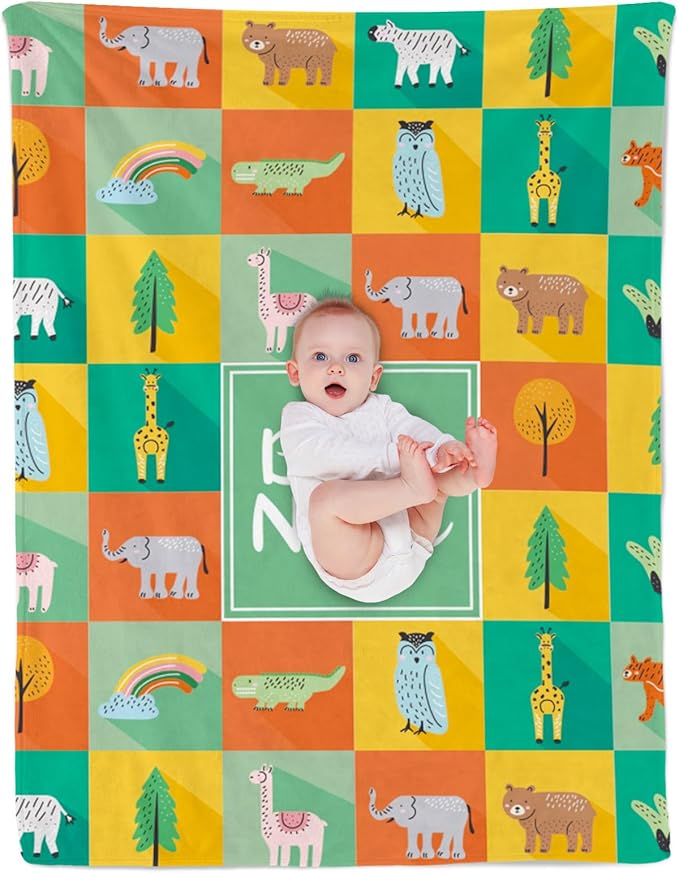 Custom Safari Animals Blanket Gift, Personalized Baby Blanket with Name, Soft Plush Flannel/Sherpa Fleece Throw Blankets for Toddler Kid Teen Boys Girls Color10
