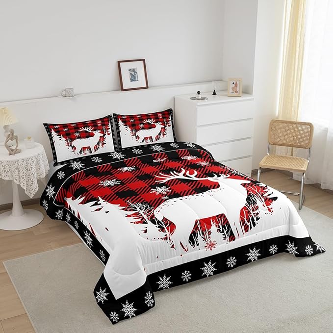 Manfei Christmas Comforter Set King Size, Xmas Deer Tree Snowflake Print Bedding Set 3pcs for Kids Boys Girls Bedroom Decor, Black Red Plaid Print Quilt Set with 2 Pillowcases