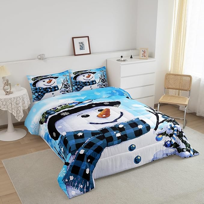 Feelyou Kids Christmas Theme Decorations Bedding Set Xmas Snowman Comforter Set for Boys Girls Cute Comforter Blue Bedroom Collection Full Size