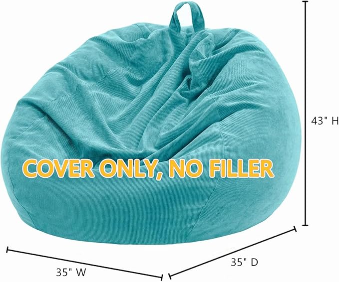 Nobildonna 3 ft Bean Bag Chair Cover (No Filler) 35"×43" Large Stuffed Animal Storage Bean Bag Washable Big Beanbag Chair Cover Premium Corduroy Stuffable Bean Bag Cover for Adults,Kids,Turquoise 300L