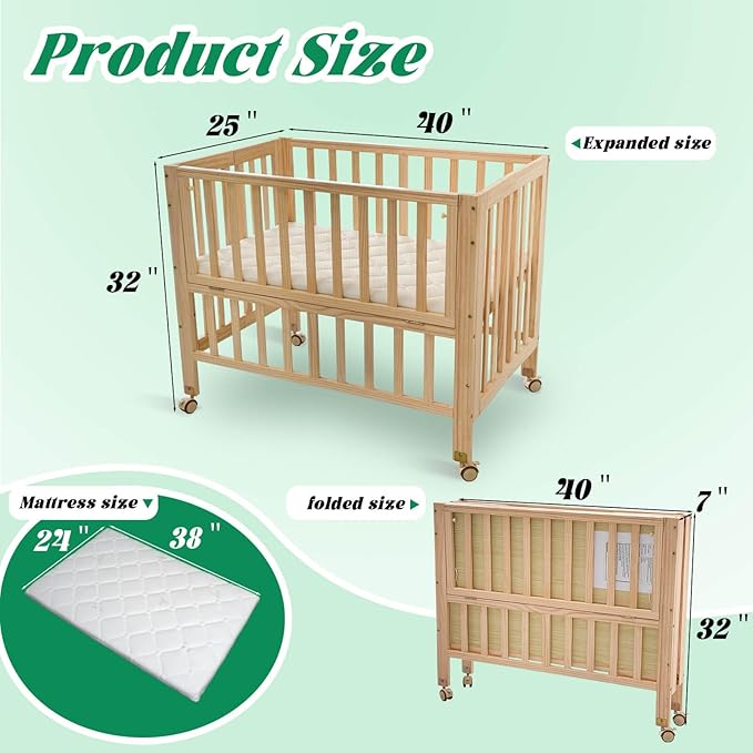 Foldable Mini Baby Crib - Portable 4-in-1 Convertible Baby Cribs,Pine Wood Bedside Bassinet,3 Heights Bassinet Bedside Sleeper with A Sponge Mattress,Wheeled,Unpainted