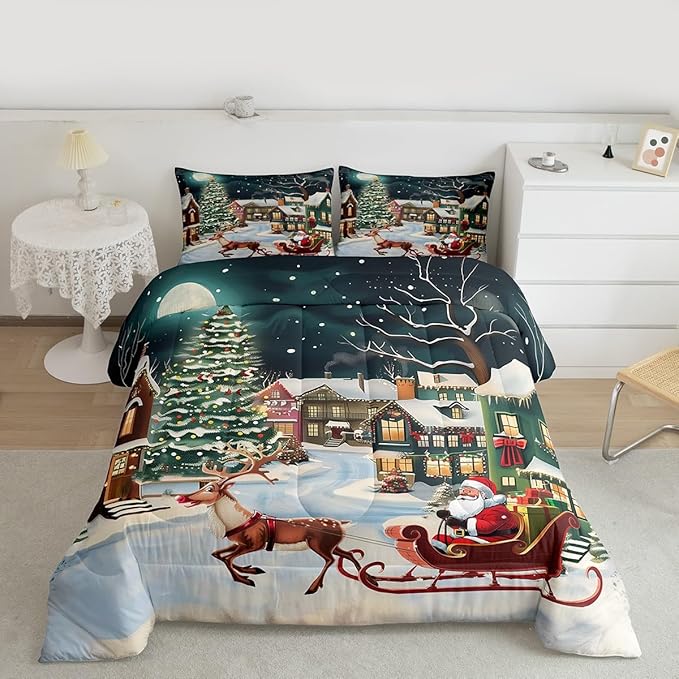 Feelyou Christmas Kids Comforter Set Queen Size Santa Claus Bedding Set Reindeer Sled Duvet Quilt for Kids Boys Girls Bedroom Xmas Tree Decor Microfiber Ultra Soft Breathable