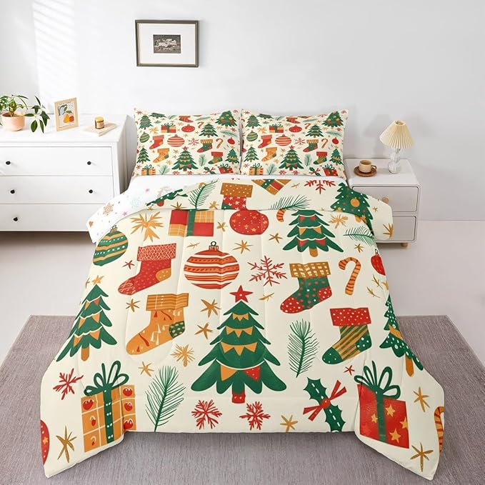 Feelyou Christmas Comforter Set All Season Xmas Tree Bedding Set with 2 Pillow Cases New Year Gift Microfiber Kids Queen Bedclothes Christmas Stockings Bedroom Decor Duvet Quilt Breathable Soft