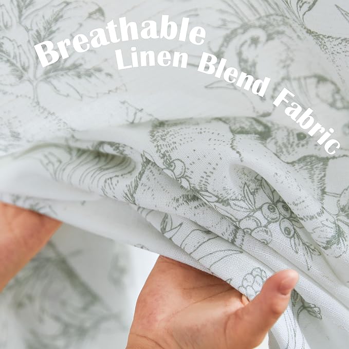 jinchan Linen Nursery Curtains 90 inch Long Woodland Wildlife Sage Green Print Drapes for Kid's Room Light Filtering French Country Farmhouse Curtains with Bunny and Forest Design Set of 2 Panels