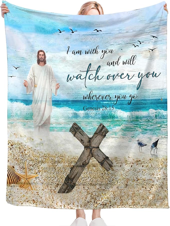 Tijuboni Christian Religious Jesus Throw Blanket Ocean Beach Gifts for Women Men Girls Boys Kids Adults Soft Flannel Fleece Blanket for Couch Sofa Bed Home Decor 50"x60"