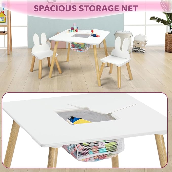 JOYMOR Kids Table and 2 Chairs Set, 3 in 1 Design for Toddler Activity, with Removable Tabletop, Storage Space and White Bunny Ear Chairs, Ideal for Craft and Playroom, Fit for Kids 2 to 5 Years Old