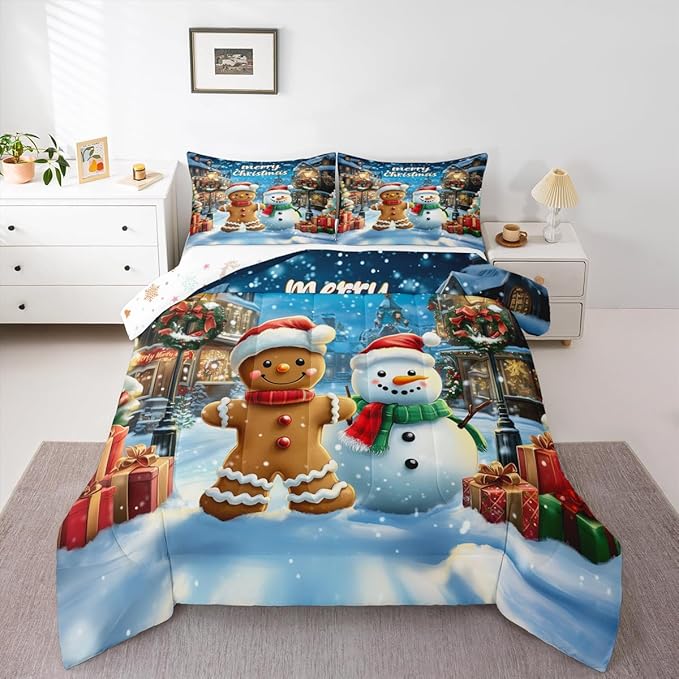 Gingerbread Man Kids Bedding Set King Size,Cute Snowman Merry Christmas Comforter Set,Snowflake Winter Xmas Poinsettia Quilt Comforter,Blue Brown Bedroom Duvet Insert,2 Pillowcases