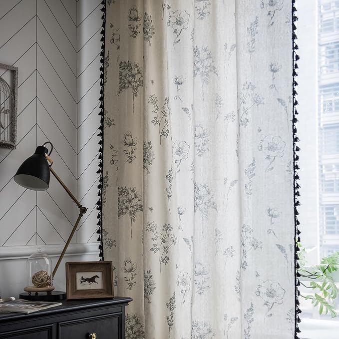 Boho Curtains 96 Inch Length 2 Panels Farmhouse Living Room Semi Sheer Drapes Vintage Floral Tassel Window Curtain Panel Bedroom Grey and Off White Cotton Linen Blend Rod Pocket Window Treatment