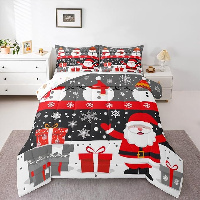 Feelyou Christmas Bedding Set Soft for Boys Girls, Merry Christmas Comforter Set Queen Size New Year Gift Duvet Quilt Microfiber Snowflake Bedroom Decor 3 Pcs with 2 Pillow Cases