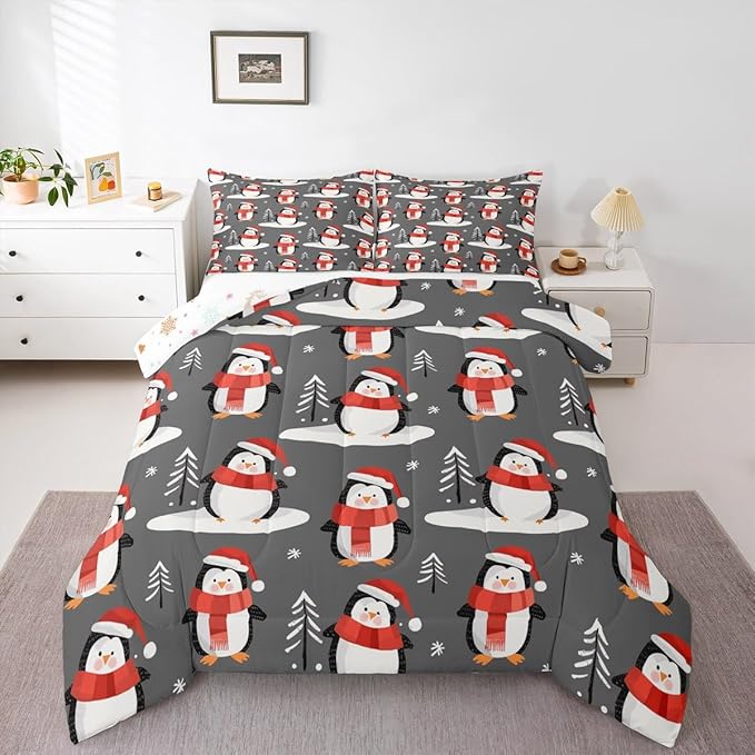 Feelyou Christmas Comforter Set All Season Penguin Bedding Set with 1 Pillow Cases Snowflake Microfiber Kids Twin Bedclothes Pine Tree Bedroom Decor Duvet Quilt Breathable Soft Lightweight