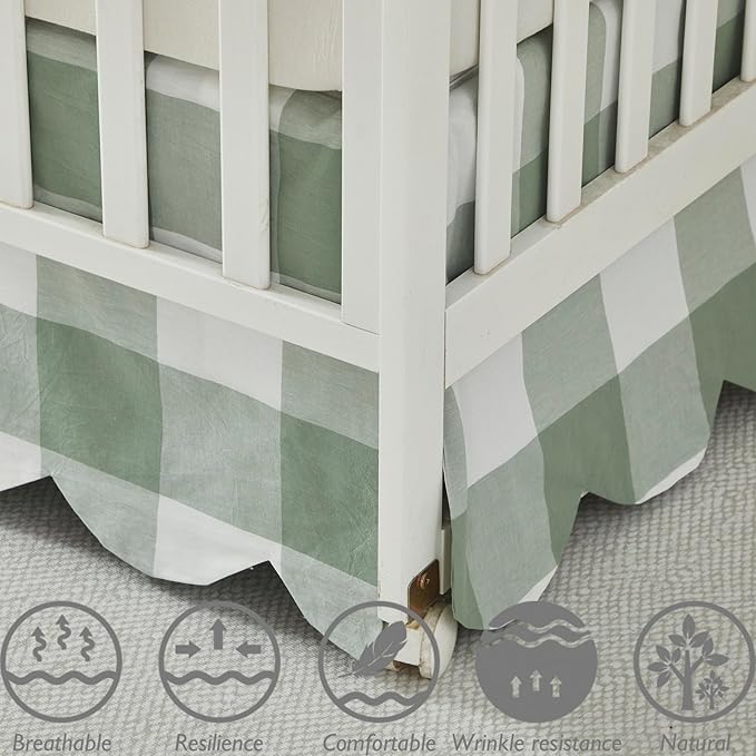Brandream Scallop Edge Cotton Crib Skirt Toddler Bedskirt Baby Nursery Crib Bed Skirt Boho Bohemian Neutral Solid Color Sage Green Buffalo Plaid Gingham Farmhouse Chic Bedding Skirt
