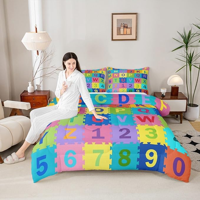 Feelyou Kids Puzzle Alphabet Numbers Comforter Set Twin Size ABC Letters Bedding Set for Kids Boys Girls Educational Duvet Quilt English Learning Bedroom Decor Microfiber 2 Pcs with 1 Pillow Cases