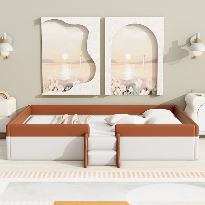Queen Size Upholstered Daybed Frame with Fence and Stairs, Montessori Kids Floor Bed with Sturdy Slat Support for Kids Boys Girls (Brown+Queen)