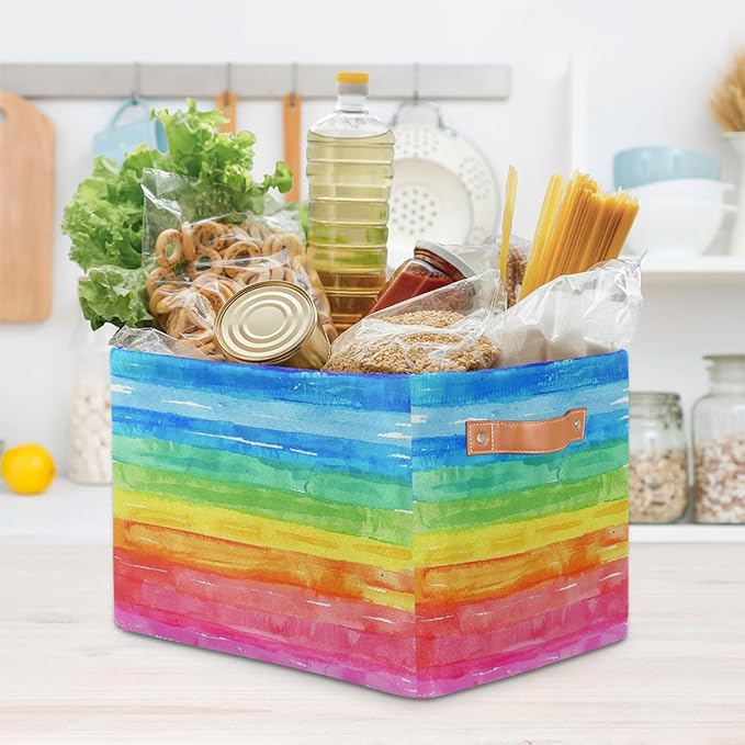 Watercolor Rainbow Storage Basket for Shelves, Storage Bins with Handles, Collapsible Basket for Organizing, Closet Toy Baskets for Nursery Room, 15x11x9.5 in, Canvas, Rainbow Colored
