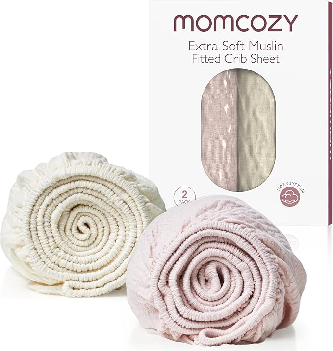 Momcozy Muslin Standard Fitted Crib Sheets, 52"x28", 2 Pack Soft Breathable Natural Cotton Baby Mattress Sheet, 360° Mattress Wrapping No Slip Boys Girls Neutral Toddler Bed Sheet, Beige Blush