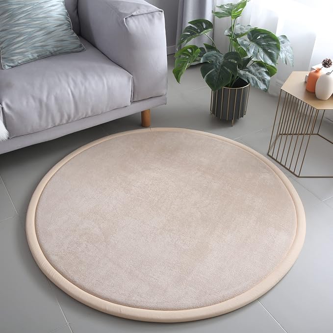 Loartee Thick Kids Round Rug - Coral Velvet Area Rugs, Memory Foam Circular Carpet for Nursery Playroom Home Decor Dormitory, Diameter 71 inch, Brown