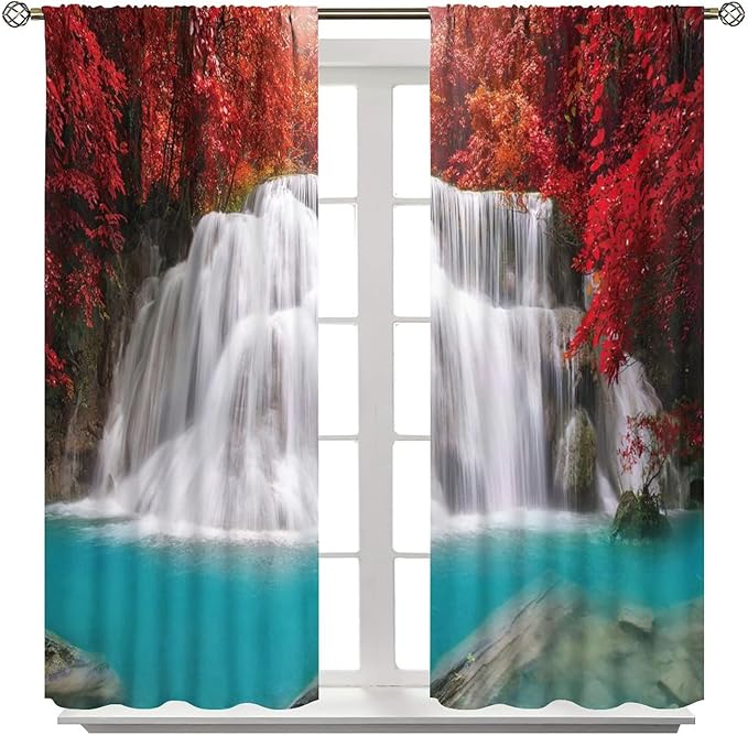 Red Forest Waterfall Blackout Windows Curtains, Tree Landscape Woodland Scenic Nature Fall Scenery Art Printed Curtains, for Living Room Bedroom 63x72in 2 Panels