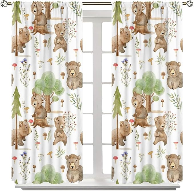 Forest Animal Curtains,Kids Home Bedroom Window Treatments, Cartoon Watercolor Bear Squirrel Woodland Animal Drapes 72x63in