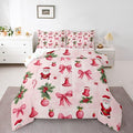 Feelyou Santa Claus Bedding Set Soft for Boys Girls, Pink Bow Comforter Set King Size Christmas Ornament Duvet Quilt Microfiber Candy Cane Bedroom Decor Holly Berry 3 Pcs with 2 Pillow Cases