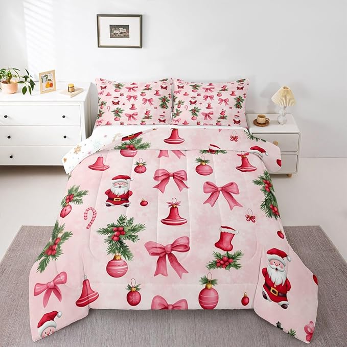 Feelyou Santa Claus Bedding Set Soft for Boys Girls, Pink Bow Comforter Set King Size Christmas Ornament Duvet Quilt Microfiber Candy Cane Bedroom Decor Holly Berry 3 Pcs with 2 Pillow Cases