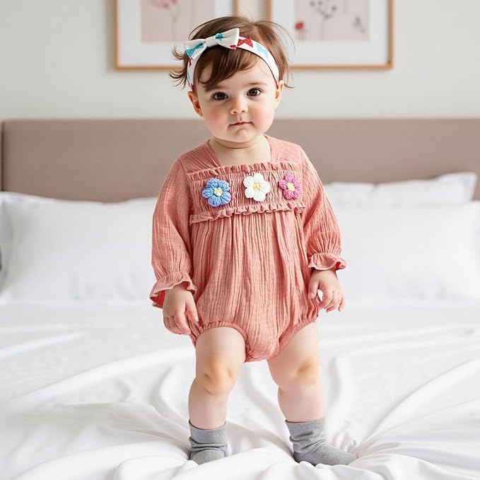 Gaono Newborn Baby Girl Smocked Bubble Romper Cute Boho Summer Clothes Ruffle Sleeveless Crochet Flower Vintage Bodysuit