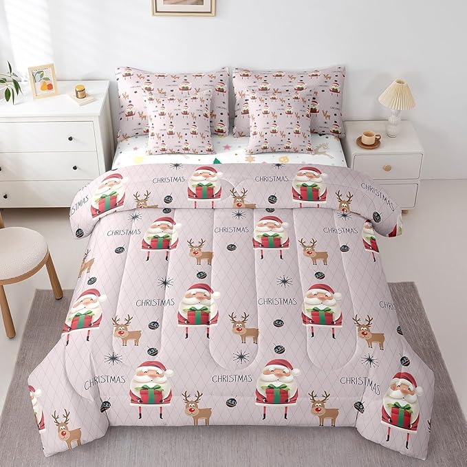 Santa Claus Bed Set Christmas Deer Bed in a Bag for Kids Boys Girls Winter Snowflake Comforter Set with Sheets Merry Christmas Khaki Bedding Set Bedroom Collection King Size