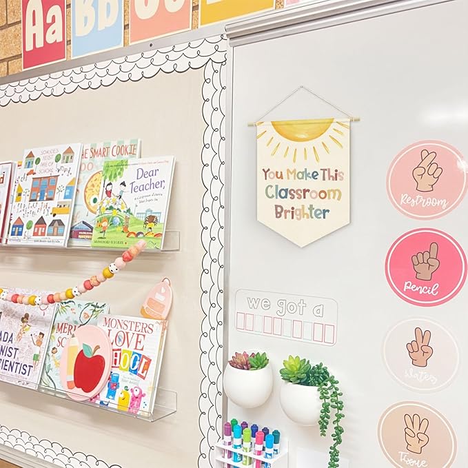Classroom Welcome Sign Boho Neutral Classroom Banner, You Make This Classroom Bright Linen Canvas Banner, Positive Affirmations Wall Hanging Pennant Flag for Preschool Homeschool, 15x11in