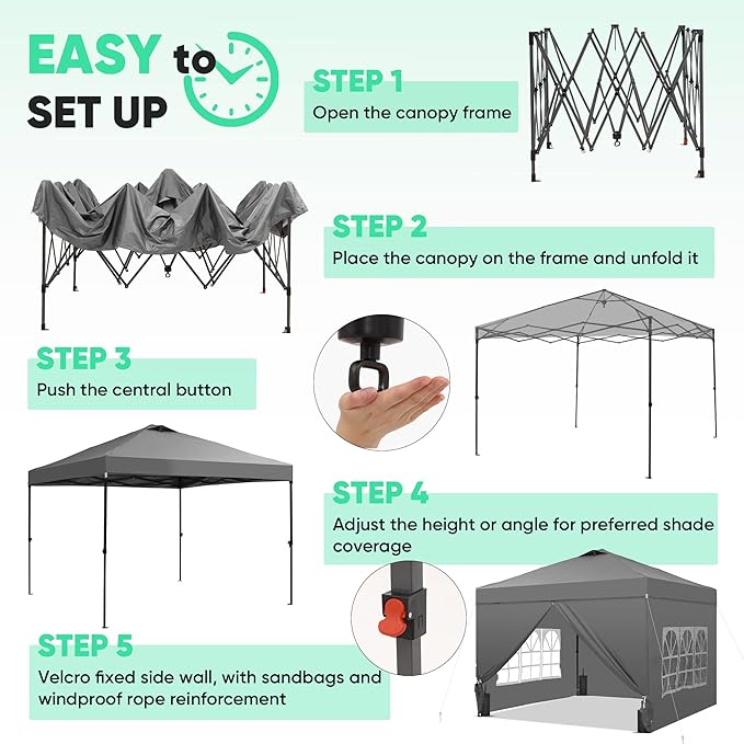 GDY 12x12 Pop Up Canopy Tent with 4 Sidewalls, Easy Set up with One Push Lift Outdoor Silver Coated Beach Gazebos, Carpas for Pool, Events, Parties, and Camping, Gray.
