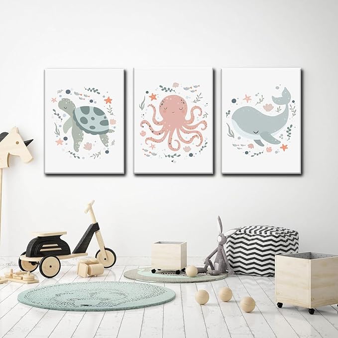 Wodkwq Ocean Nursery Decor,Nursery Wall Decor,Kids Bathroom Decor,Under The Sea,Boys Room Sea Animal Wall Art Picture Canvas Prints Set of 3,Bedroom 12x16 Inch Framed