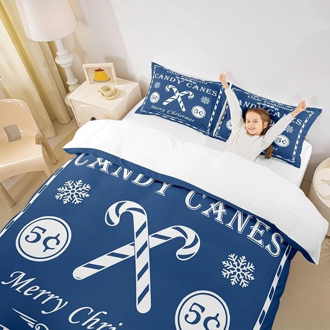 jejeloiu Christmas Bedding Set Twin Size Kids Christmas Quote Comforter Cover Set for Boys Girls Teens Candy Canes Print Duvet Cover Xmas Bedspread Cover Room Decorations Blue Quilt Cover