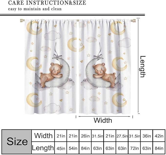 Cartoon Bear Curtains, Cartoon Watercolor Lovely Bear Moon Stars Printed Blackout Window Treatments, Rod Pocket Thermal Insulated Drapes 2 Panel Sets for Kids Bedroom Nursery Classroom, 42"W X 63"L