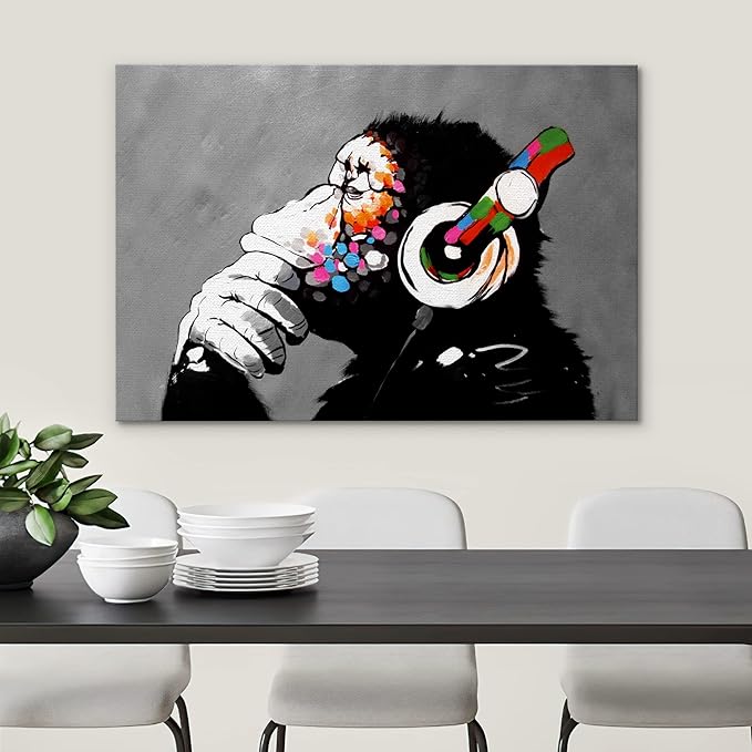 SIGNWIN Framed Canvas Wall Art Banksy Thinking Monkey with Headphones Graffiti & Street Art Famous People Pop Art Modern Urban Multicolor for Living Room, Bedroom, Office - 12x18 inches