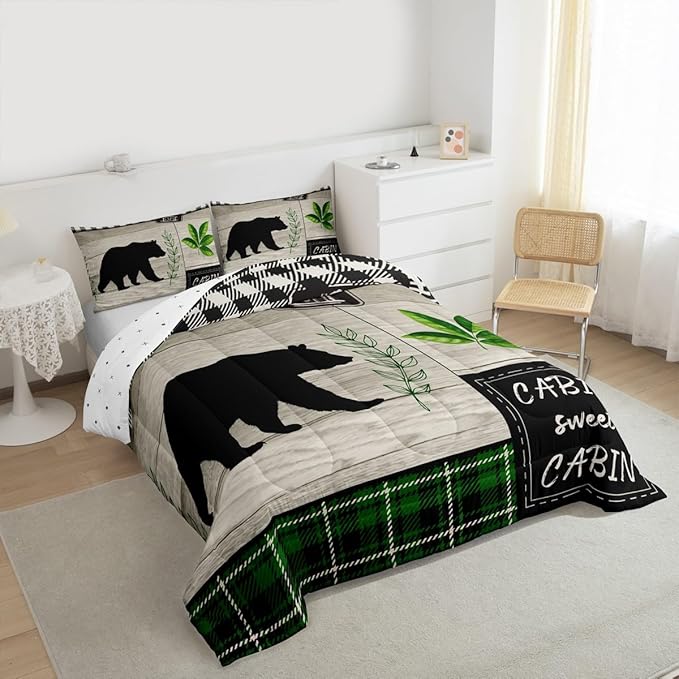 Bear Silhouette Kids Comforter Set Twin Size,Leaves Wooden Plank Bedding,Girls Boys Adults Bedroom/Xmas Cabin Decor,Geometric Grids Retro Down Comforter,Rustic Farmhouse Duvet Insert,1 Pillowcase
