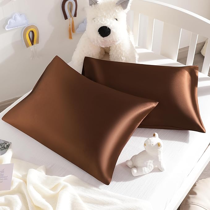 NTBAY Silk Satin Toddler Pillowcases, Small Pillow Case Pillow Cover 14x20 Inches with Envelope Closure, Soft and Silky Cooling Travel Pillow Covers for Nursery, Kids, Boys and Girls, Brown, 2 Pack