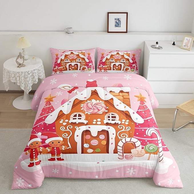 jejeloiu Kids Christmas Theme Comforter Set Toddler Cute Gingerbread Man Bedding Set for Boys Girls Teens Pink Xmas Tree Candy House Winter Snowflake New Year Duvet Quilt Room Decor