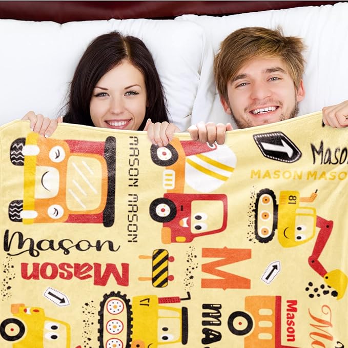Custom Construction Blanket with Name for Boys Girls Kids, Personalized Name Blanket Construction Vehicles, Soft Flannel Blankets Customized Gift for Children Day Birthday Christmas-40 x50