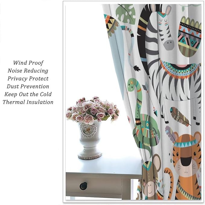 Jungle Tribal Animals Curtains, Southwest Aztec Cartoon Funny Zoo Animals Giraffe Lion Elephant Zebra Tiger Print Thermal Insulation Window Drapes for Kids Boys Girls Bedroom Living Room 72x63in