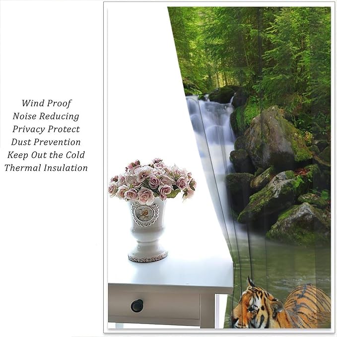 Forest Waterfall Landscape Blackout Window Curtains, Animals Tigers Waterfall Woodland Natural Window Drapes, for Living Room Bedroom 42" W X 45" L