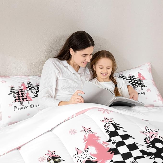 Manfei Merry Christmas Comforter Set Twin Size, Pink Plaid Xmas Trees Bedding Set 2pcs, New Year Cartoon Down Comforter for All Season, Kids Girls Santa Claus Bedroom Decor, 1 Pillowcase, No Sheets