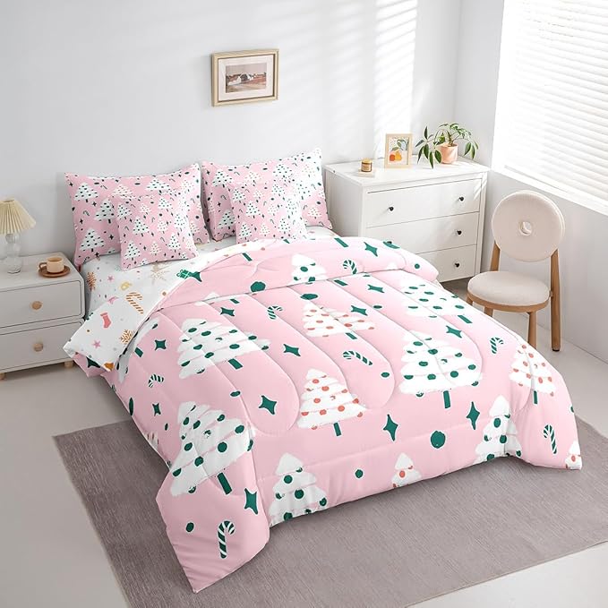 Feelyou Christmas Girly Comforter Set with Sheets Kids Christmas Tree Bedding Set Boys Girls Snowflake Candy Decor Bed in a Bag Xmas Theme Pink Bed Set Bedroom Queen Size