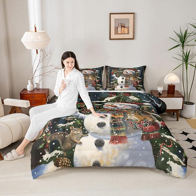 Feelyou Christmas Kids Comforter Set King Size Snowman Squirrel Bedding Set Snowflake Gift Duvet Quilt for Kids Boys Girls Bedroom Branch Berry Decor Microfiber Ultra Soft Breathable