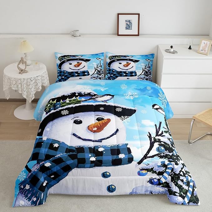 Feelyou Kids Christmas Theme Decorations Bedding Set Xmas Snowman Comforter Set for Boys Girls Cute Comforter Blue Bedroom Collection Twin Size
